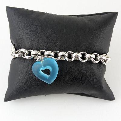 14K White Gold Rolo Link Bracelet with Blue Heart Charm