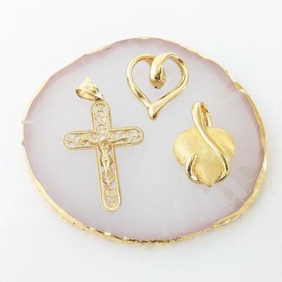 14K Yellow Gold Filigree Crucifix, Chunky Heart & Open Heart Pendants