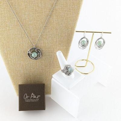 Or Paz Sterling Silver & Jade Earrings, Necklace, & Ring Set - New
