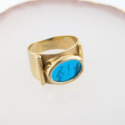 14K Yellow Gold & Blue Glass Intaglio Ring
