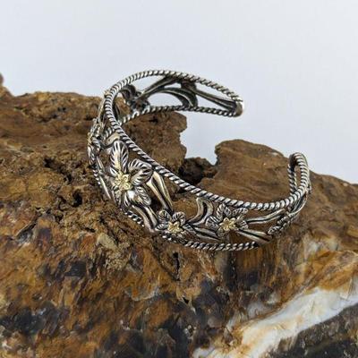 Relios Inc. Carolyn Pollack Sterling Silver Floral Cuff Bracelet with Brass Accents