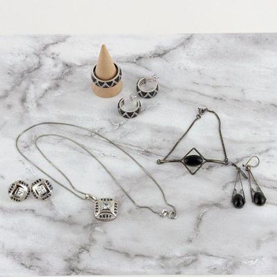 Three Jewelry Sets in Sterling Silver with CZs, Black Spinel or Onyx