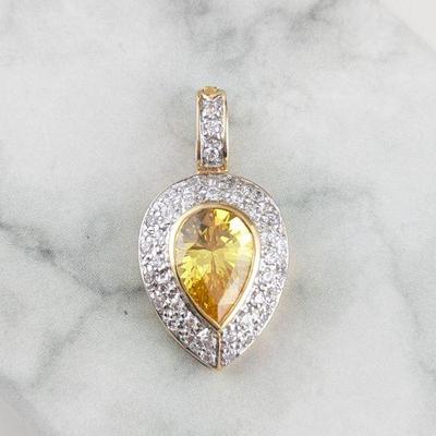14K Yellow Gold, Faceted Citrine and CZ Pendant