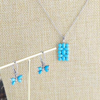 Sleeping Beauty Turquoise & Sterling Silver Tag Necklace & Butterfly Earrings