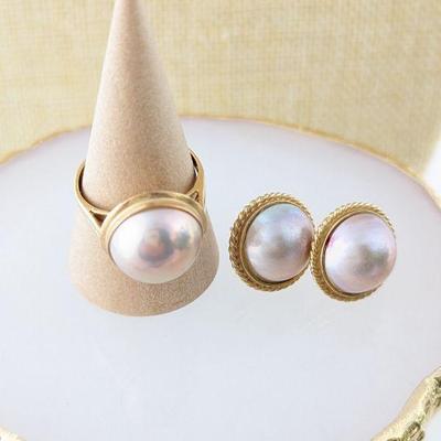 14K Yellow Gold & Pink Mabe Pearl Ring and Earring Set
