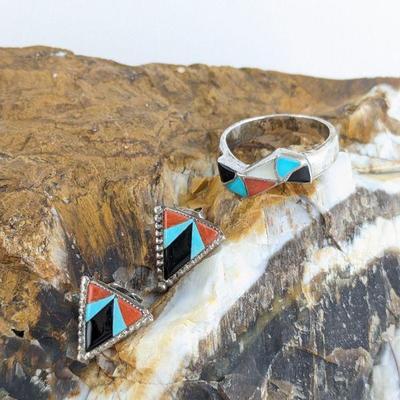 Zuni Sibert & Janita Kallestewa Inlaid Sterling Silver Ring & Unmarked Silver Native American Zuni Inlay Earrings