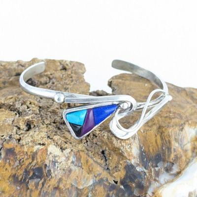 Native American Sterling Silver Lapis, Turquoise, Sugilite & Onyx Bracelet