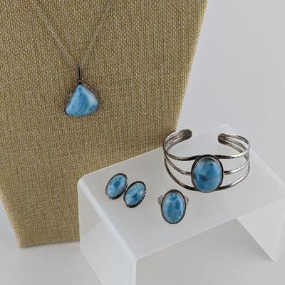 Stunning Larimar & Sterling Silver Jewelry Set: Bangle, Ring, Necklace & Earrings