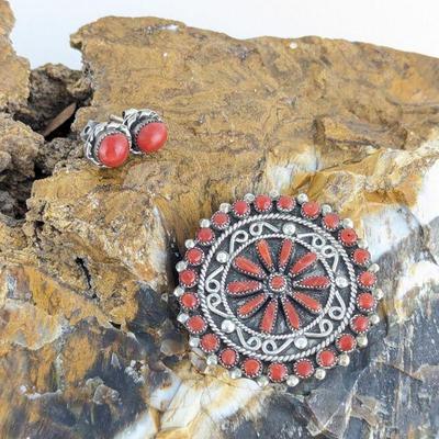 Zuni Signed Native American Silver & Coral Brooch/Pendant with Unmarked Silver & Coral Earrings