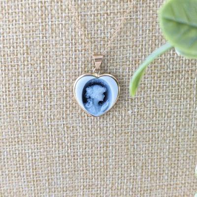 14K Yellow Gold Young Girl Cameo Heart Pendant on 14K Chain