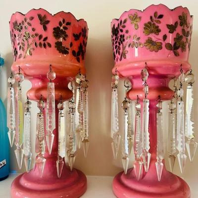 Gorgeous Antique Victorian art glass mantel vases with prism 