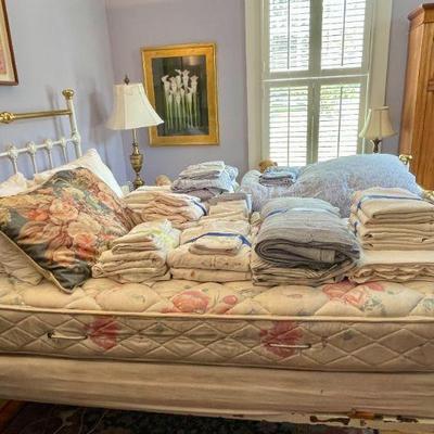 Full-size antique brass bed, full-size bed linens