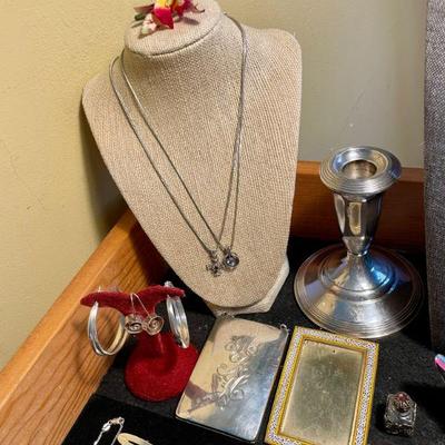 Sterling silver jewelry, reticule and candle holders