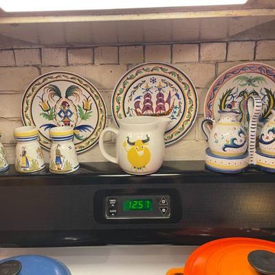 Quimper egg cups, Keramikos plates and Arabia pitcher