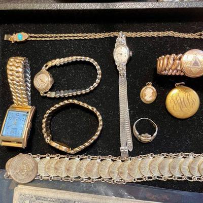 Gold-filled watches, bracelets and locket, sterling pieces and 14k white gold women's Bulova watch