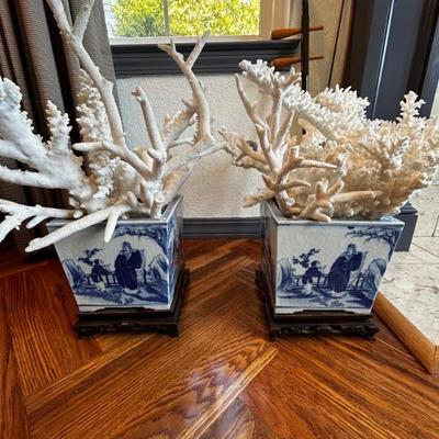 Antique Chinese vases and bleached coral (selling as a pair)