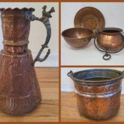 Vintage Brass Decor Pots, Pitcher, Plate