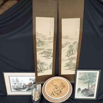 Asian Decor * Scrolls * Cork Art * 2 Framed Pictures * Basket

