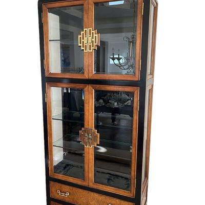 Chinoiserie Curio Cabinet by Century Chin Hua with Black & Burl Wood, Asian Style Brass, Lighted
