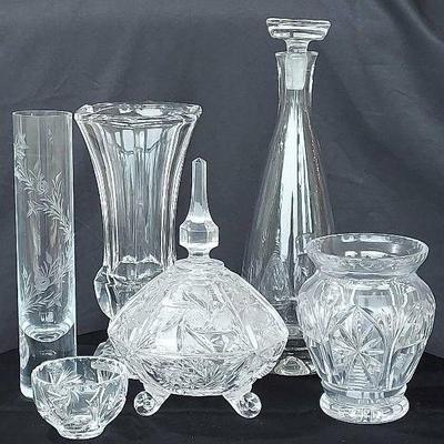 6 Glass Pieces * Vases * Decanter * Footed Dish * Bowl
