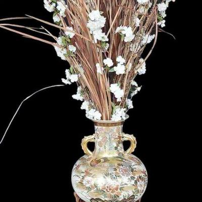 Asian Ceramic Vase Filled With Florals & Unique Wood Platform
