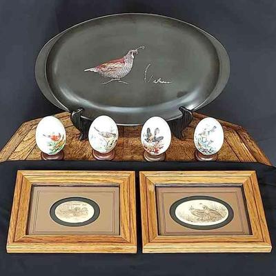 Mid Century Wood Platter With Quail Motif * 2 Framed Prints * 4 Avon Eggs
