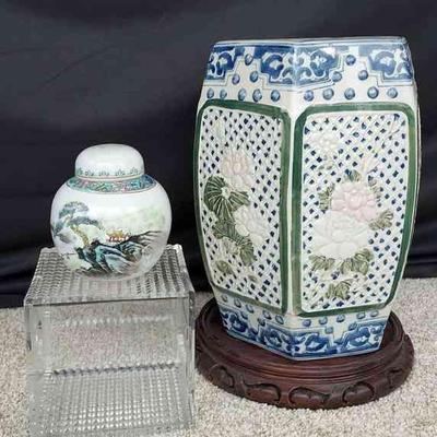 Asian Themed Decor * Small Ceramic Jar With Lid * Ceramic Plant Stand * Wood Plant Tray

