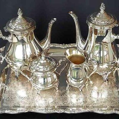 William Rogers Silverplated Tea & Coffee Pots/Sugar Bowl/Creamer/Large Tray
