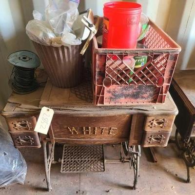 #2852 â€¢ Vintage Sewing Table, Spool of Wire, Vintage Truck/Trailer Lights
