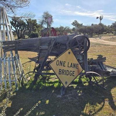 #1012 â€¢ Wooden Wagon Sifter One Lane Bridge Sign and Windmill Stand
