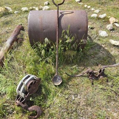 #1308 â€¢ Vintage Garden Roller Water Filled, Pully, Exhaust Pipe, Clamp and Forge Tool
