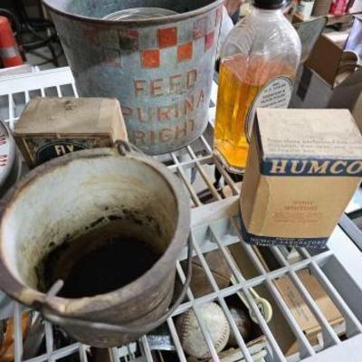 #2332 â€¢ 2 Buckets, 2 Vintage Boxes and Bottle of Furniture Polish
