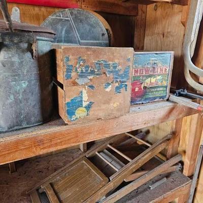 #1952 • Copper Bucket, 2 Crates, Folding Chairs, Mirror and Wheel Barrow Handles
