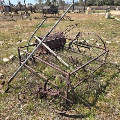 #1312 â€¢ Vintage Rock Tumbler, Cart, Plow, Gardening Tool, and Tiller
