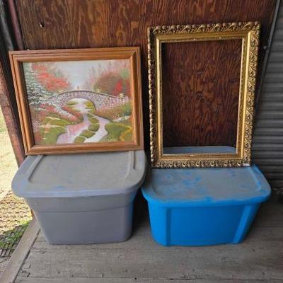 #5016 â€¢ Two Totes of Antique Reference Books Framed Art Work and Picture Frame
