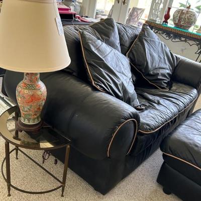 Black Leather Piped Loveseat & Ottoman