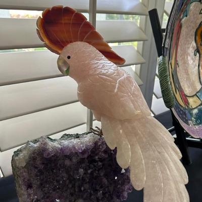 Rose Quartz Carved Cockatoo on Amethyst Crystal 