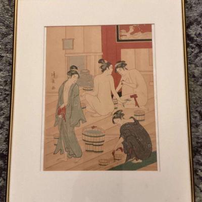 MHT022 - Rare Vintage Japanese Erotic Art Shunga/Ukiyo-e Print Public Bath by Torii Kiyonaga Framed