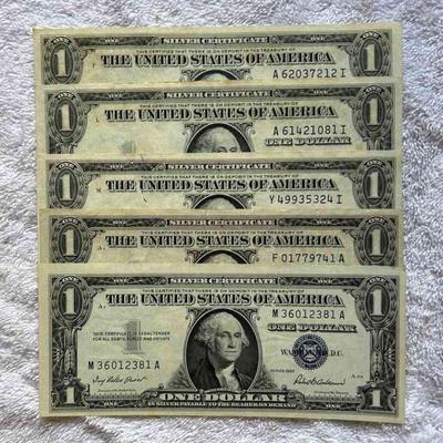 MHT374 Five $1 Dollar Silver Certificate Banknotes