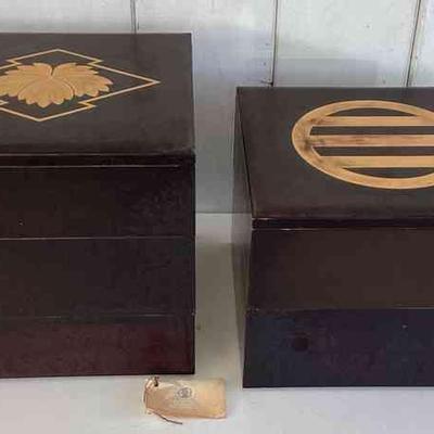 MHT211 - Pair of Large Antique Jubako Tiered Food/Bento Boxes w/Family Crest Motif