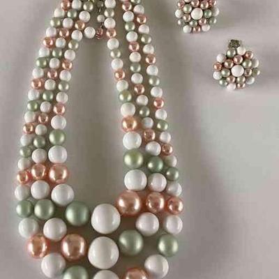 MHT206 - Vintage Three Strand Graduated Multi-Color Beaded Necklace & Earrings Set