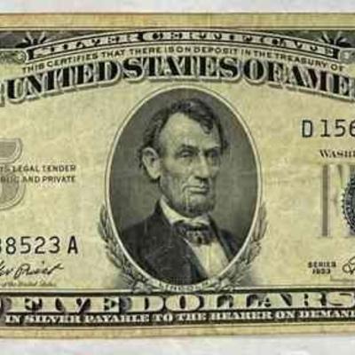 MHT373 Series 1953 $5 Dollars Silver Certificate Banknote