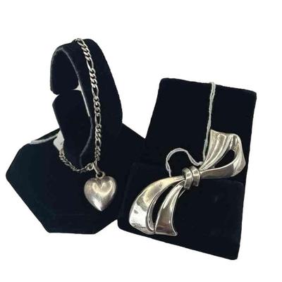 Sterling Silver Heart Charm Bracelet * Ribbon Pin
