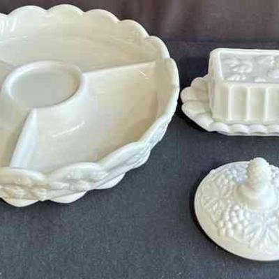 Milk Glass * Sectioned Plate * Butter Dish * Lid Without Base
