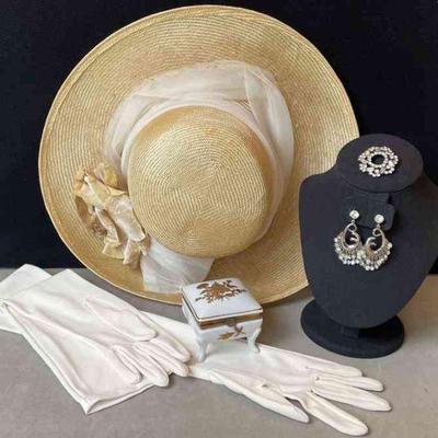 Dressy Wide Brim Straw Hat * Crescendo Caress Long Cream Gloves * Porcelain Trinket Box * Silver Tone Crystals Vintage Brooch * Clip On...