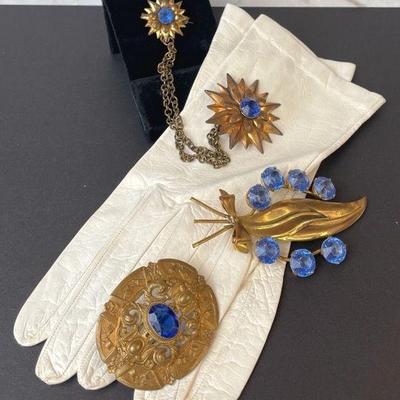 Gold Tone * Blue Faceted Glass Brooches * Soft Cream Leather Ladies Short Gloves Small Size
