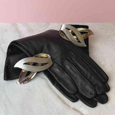 Sarah Coventry Silver Tone Brooches * Black Leather Gloves * Small Size * Unused
