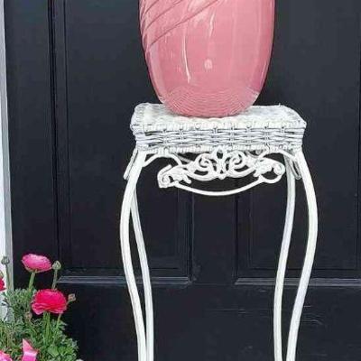 California Pottery Pink Vase & White Wrought Iron/Wicker Stand
