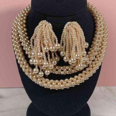 Two Sisters Waterfall Look Design Pearly Bead Clip On Earrings * Long Multi Strand Necklace Set
