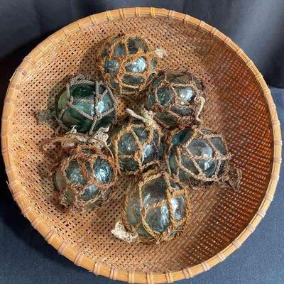 7 Vintage Glass Fishing Floats Balls In Cool Old Basket * 3.5
